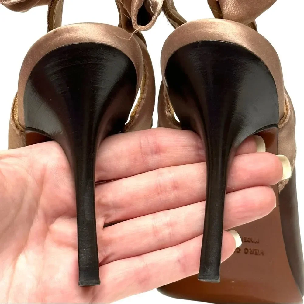 LANVIN Brown Leather & Pink Silk Slingback Bow Pumps Heels 37 6.5 7 Italy